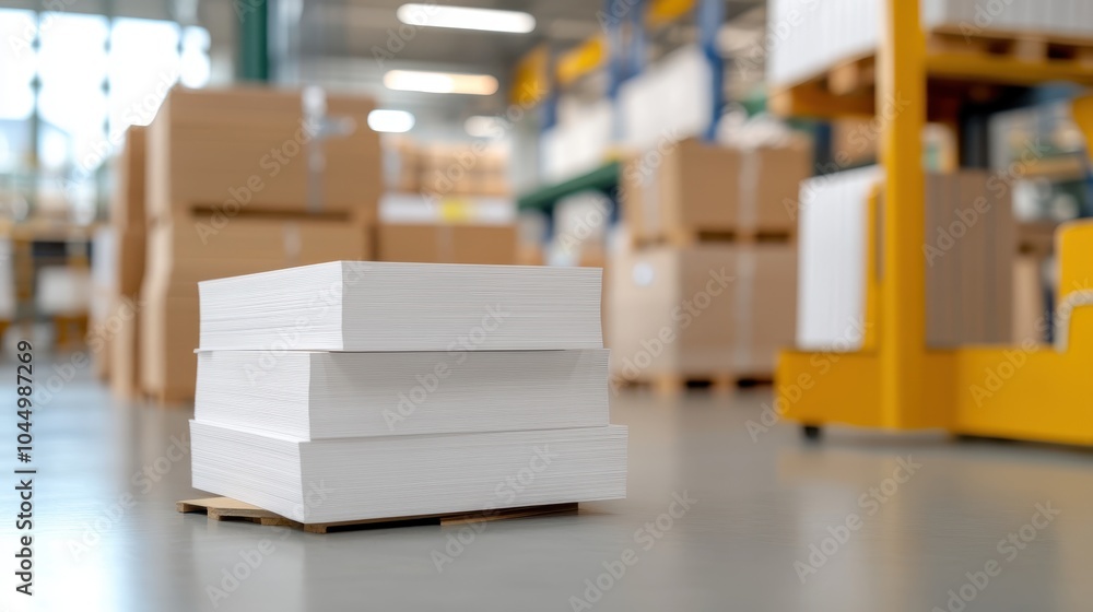 Several large bundles of white paper are stacked carefully on a warehouse floor, indicating a sense of readiness, bulk, and storage management. Several large bundles of white paper are stacked carefully on a warehouse floor, indicating a sense of readiness, bulk, and storage management.