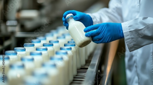 Quality Control Specialist Inspecting Milk Sample in Dairy Factory.Concept of food safety, quality assurance, dairy industry, manufacturing process.