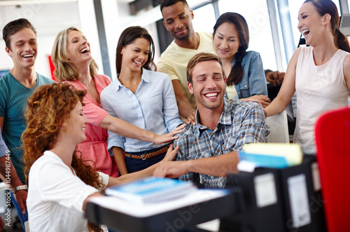 Man, group and celebration with smile in office for goals, success and praise at media company. Person, excited team and diversity with support, cheers and performance at startup creative agency