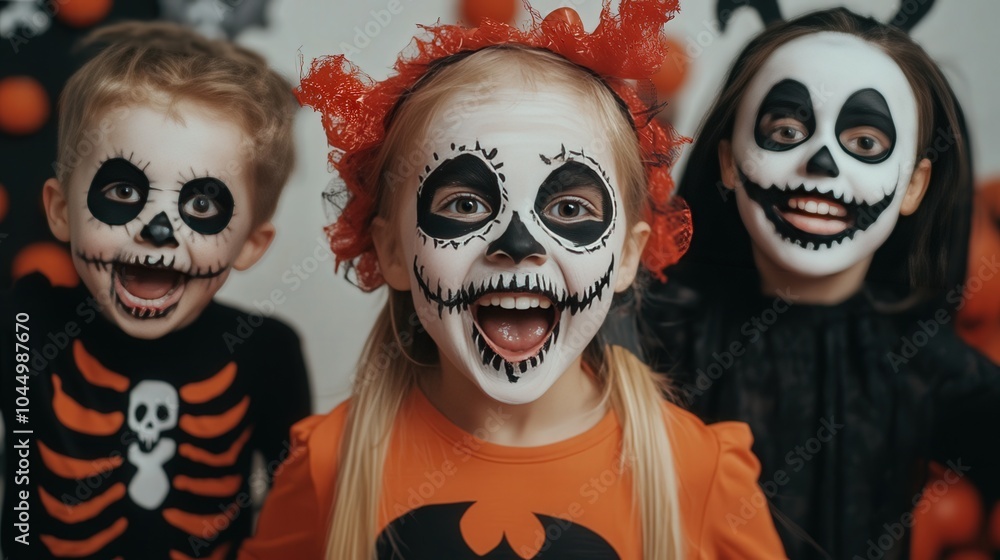 Exciting Halloween Celebration with Kids in Creative Costumes and Face Paints Exciting Halloween Celebration with Kids in Creative Costumes and Face Paints