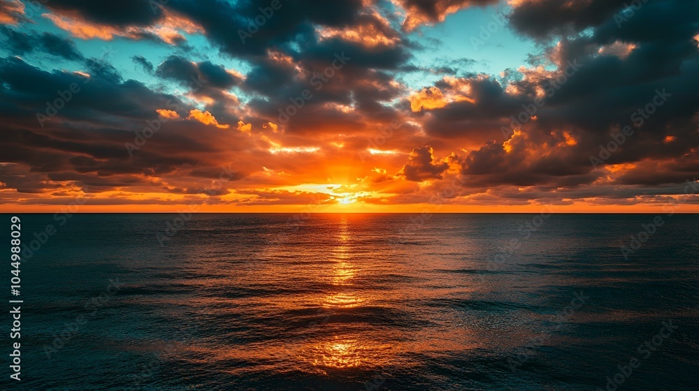 Vibrant sunset over the ocean with dramatic clouds. Vibrant sunset over the ocean with dramatic clouds.
