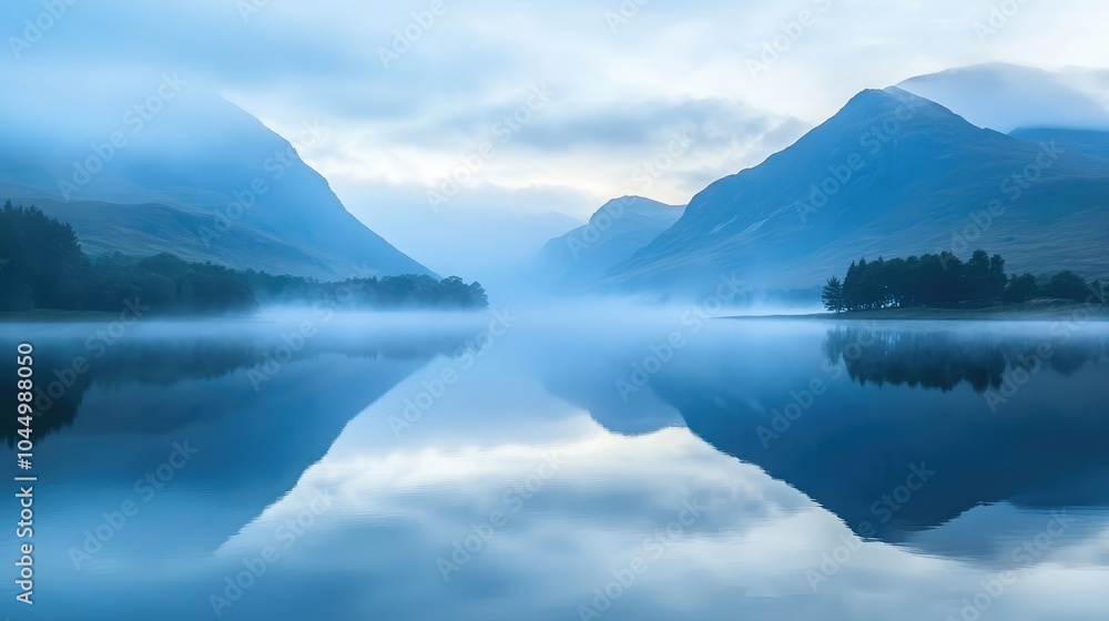 Obraz premium Misty lake view at dawn with mountains shrouded in fog