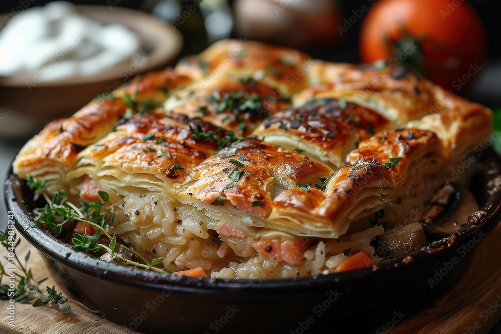 A dish of kulebyaka, a Russian fish pie, with layers of salmon, rice, and mushrooms, served in a flaky pastry crust A dish of kulebyaka, a Russian fish pie, with layers of salmon, rice, and mushrooms, served in a flaky pastry crust