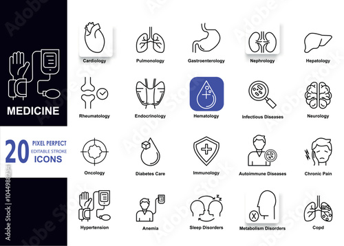 Set of icons for Internal Medicine. Pixel Perfect. Editable stroke. Vector illustration
