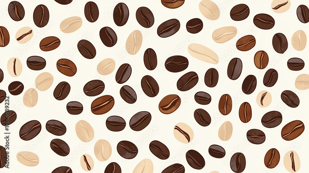 A seamless pattern of coffee beans in various shades of brown against a white background. A seamless pattern of coffee beans in various shades of brown against a white background.