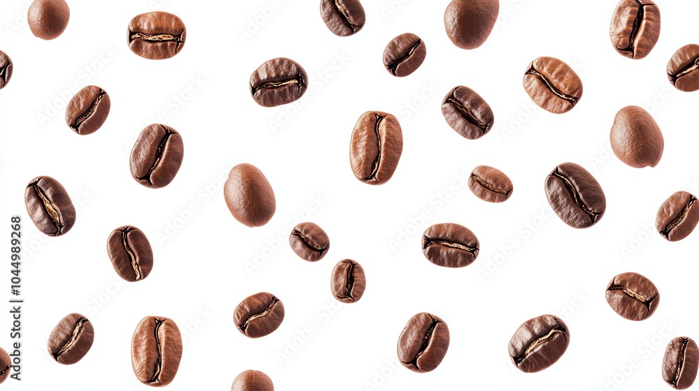 A seamless pattern of roasted coffee beans falling against a white background. A seamless pattern of roasted coffee beans falling against a white background.