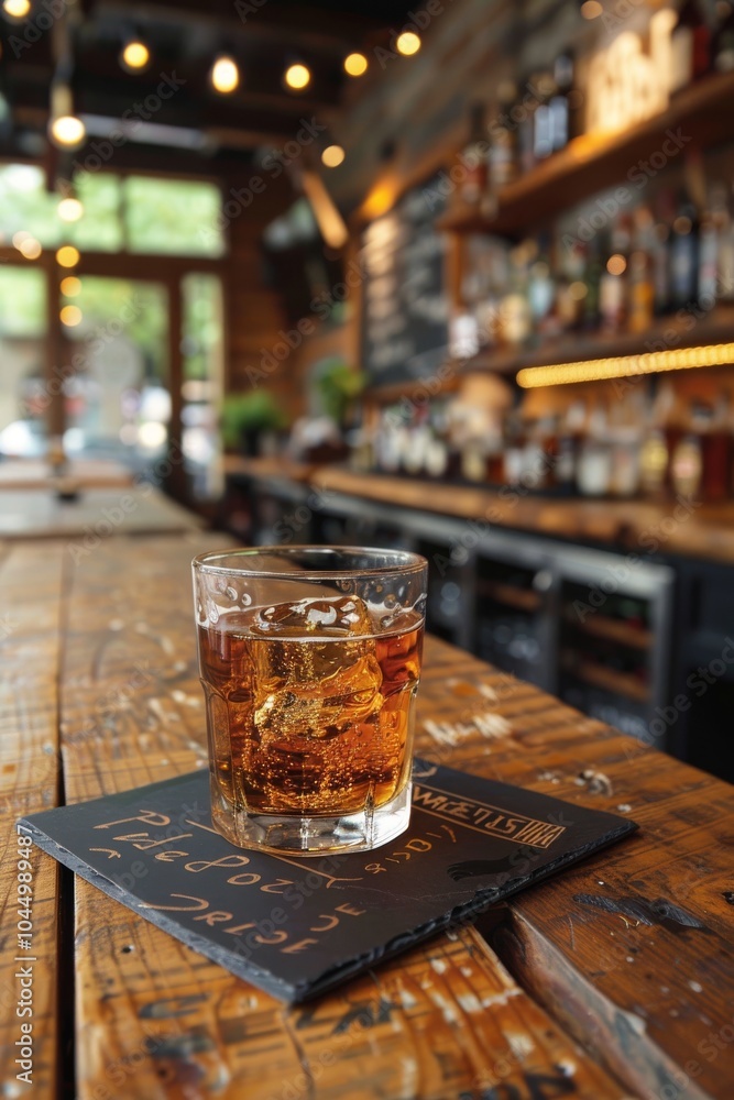 Classic glass of whiskey on wood in a cozy bar Classic glass of whiskey on wood in a cozy bar