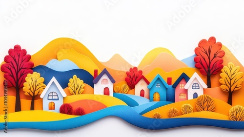 Charming autumn village at sunset rustic theme water color colored pastel