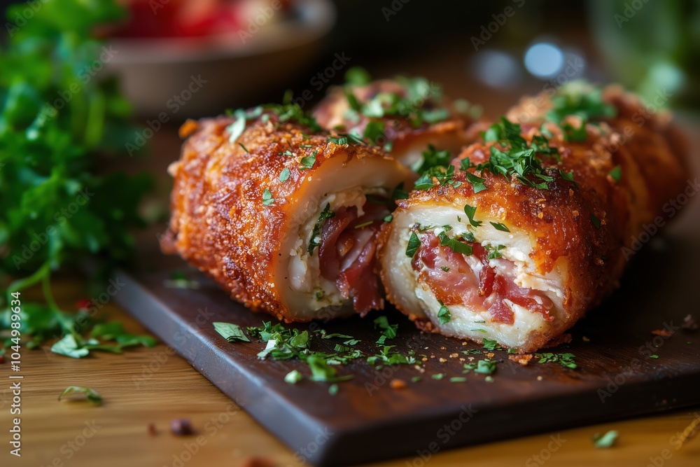 Fried roll with bacon and herbs. Simple snack for beer. European dish - baked roll with pork on a wooden board. Juicy meat food. Fried roll with bacon and herbs. Simple snack for beer. European dish - baked roll with pork on a wooden board. Juicy meat food.