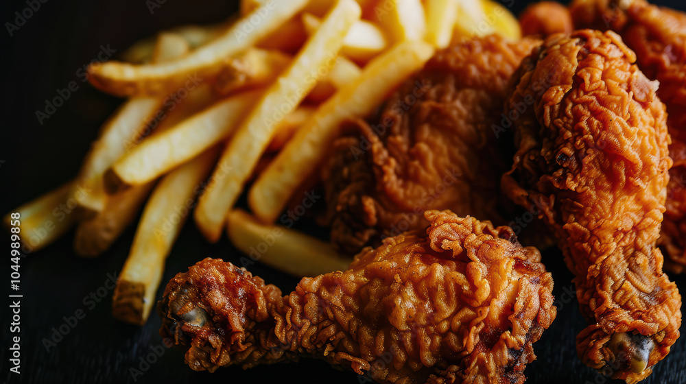 Crispy fried chicken and golden French fries create delicious and satisfying meal. crunchy texture of chicken pairs perfectly with soft fries, making it favorite comfort food Crispy fried chicken and golden French fries create delicious and satisfying meal. crunchy texture of chicken pairs perfectly with soft fries, making it favorite comfort food