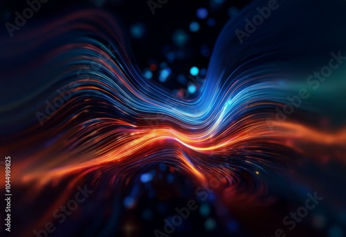 Abstract glowing lines of orange and blue wave in a dark space with scattered bokeh.