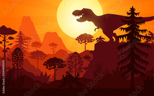 Prehistoric t rex tyrannosaurus dinosaur silhouette roar at sunset landscape with ancient trees and orange sun. Vector dusk scene of a bygone era with majestic reptile creature in ancient environment