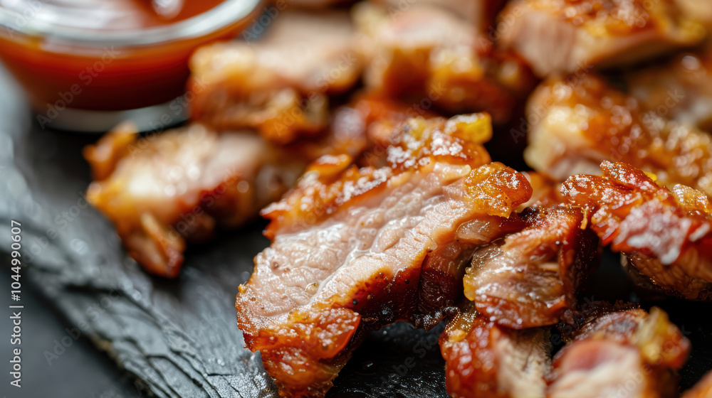 Crispy pork pieces served on black slate plate with rich dipping sauce, showcasing deliciously golden brown exterior and tender meat Crispy pork pieces served on black slate plate with rich dipping sauce, showcasing deliciously golden brown exterior and tender meat