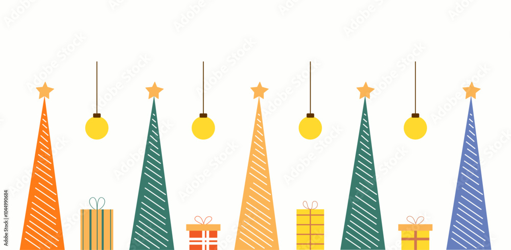 Christmas or New Year illustration for greeting card, poster, cover, gift bag Vector geometric patterns on white background. Christmas tree, balls, gift boxes, fanlights Christmas or New Year illustration for greeting card, poster, cover, gift bag Vector geometric patterns on white background. Christmas tree, balls, gift boxes, fanlights