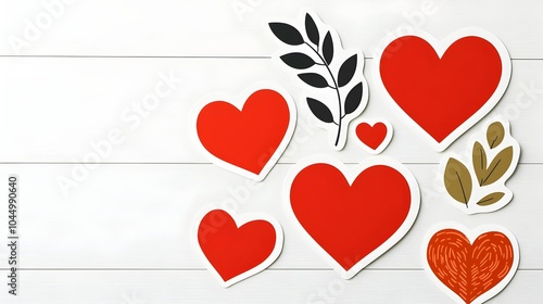 A collection of red heart shaped stickers with a range of modern minimalist designs from simple to detailed arranged on a clean white background for a premium elegant look photo