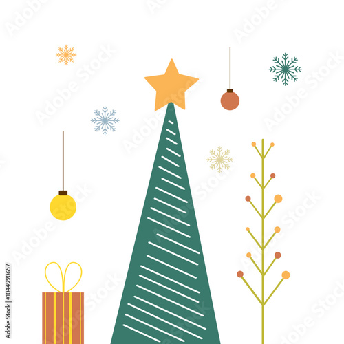 Christmas or New Year illustration for greeting card, poster, cover, gift bag Vector geometric patterns on white background.  Christmas tree, balls, gift boxes, snowflakes