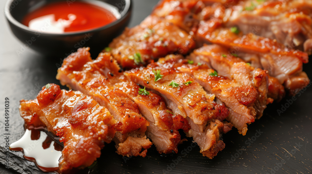 Crispy pork slices served with rich dipping sauce on black background, showcasing delicious and appetizing meal. vibrant colors and textures evoke sense of indulgence and satisfaction Crispy pork slices served with rich dipping sauce on black background, showcasing delicious and appetizing meal. vibrant colors and textures evoke sense of indulgence and satisfaction