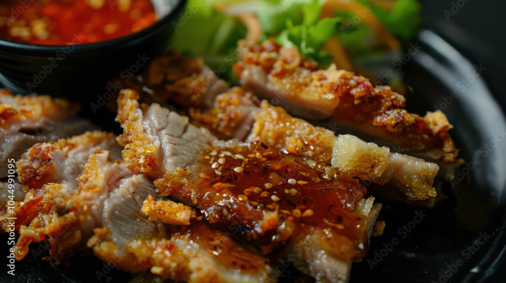 Crispy pork slices drizzled with savory dipping sauce, served with fresh vegetables. This dish is delightful combination of textures and flavors, perfect for any meal Crispy pork slices drizzled with savory dipping sauce, served with fresh vegetables. This dish is delightful combination of textures and flavors, perfect for any meal