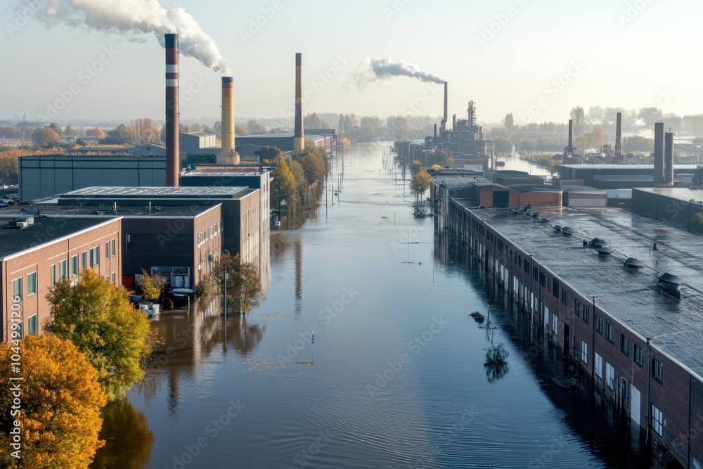 Fototapeta premium An industrial area flooded, with factories and warehouses surrounded by water, capturing the economic impact of floods on manufacturing and supply chains.