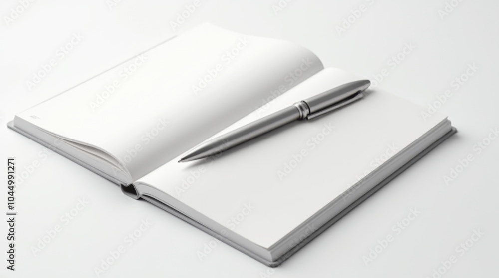 A modern matte metallic pen resting on an open minimalist notebook with crisp white pages. A modern matte metallic pen resting on an open minimalist notebook with crisp white pages.