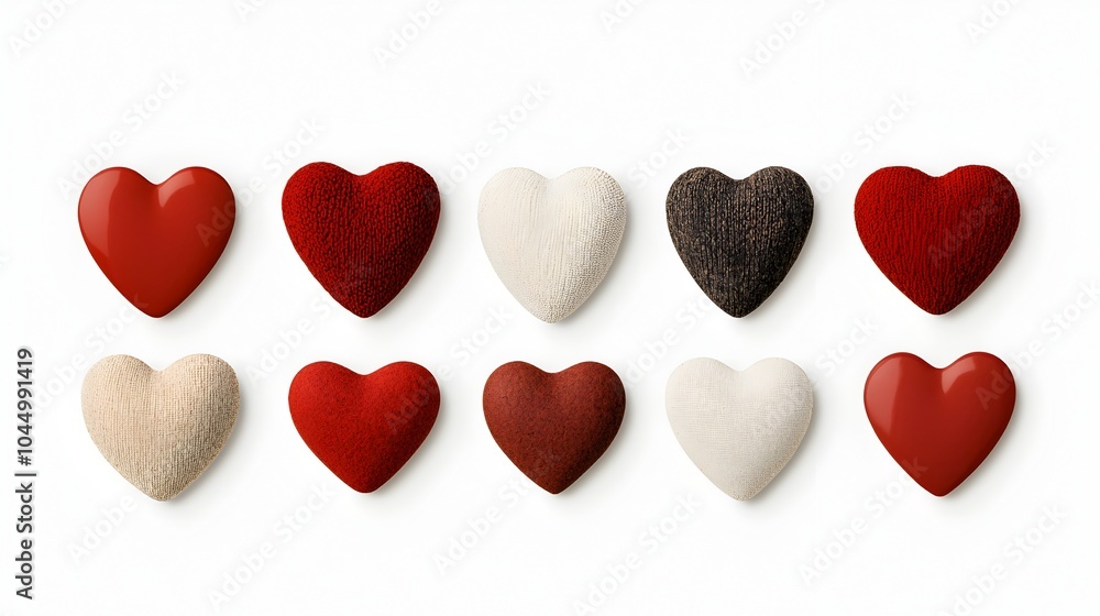 Diverse collection of fashionable red heart shaped stickers with unique designs glossy textures and soft shadowing arranged against a clean white background for a modern eye catching presentation Diverse collection of fashionable red heart shaped stickers with unique designs glossy textures and soft shadowing arranged against a clean white background for a modern eye catching presentation