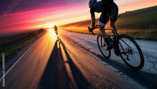 Two cyclists riding road bikes on scenic road at sunset