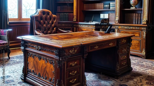 Antique Wooden Desk with Ornate Drawers in a Formal Office 