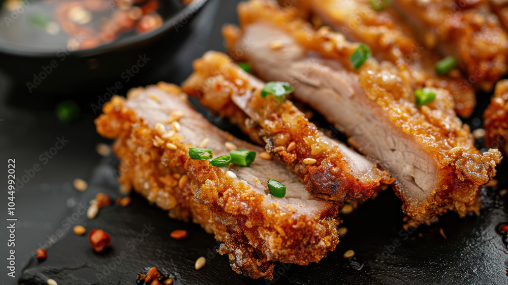 Crispy pork slices garnished with green onions, served on black slate plate. dish is accompanied by dipping sauce, enhancing its savory flavor Crispy pork slices garnished with green onions, served on black slate plate. dish is accompanied by dipping sauce, enhancing its savory flavor