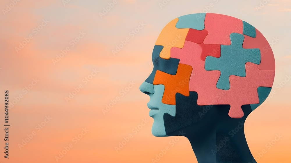 Puzzle Piece Human Head Symbolizing Mental Health Challenges by for World Mental Health Day with Vibrant and Dynamic Textures Puzzle Piece Human Head Symbolizing Mental Health Challenges by for World Mental Health Day with Vibrant and Dynamic Textures