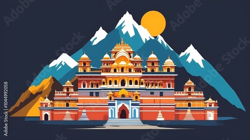 Majestic Indian Temple with Mountain Backdrop in Flat Art Style photo