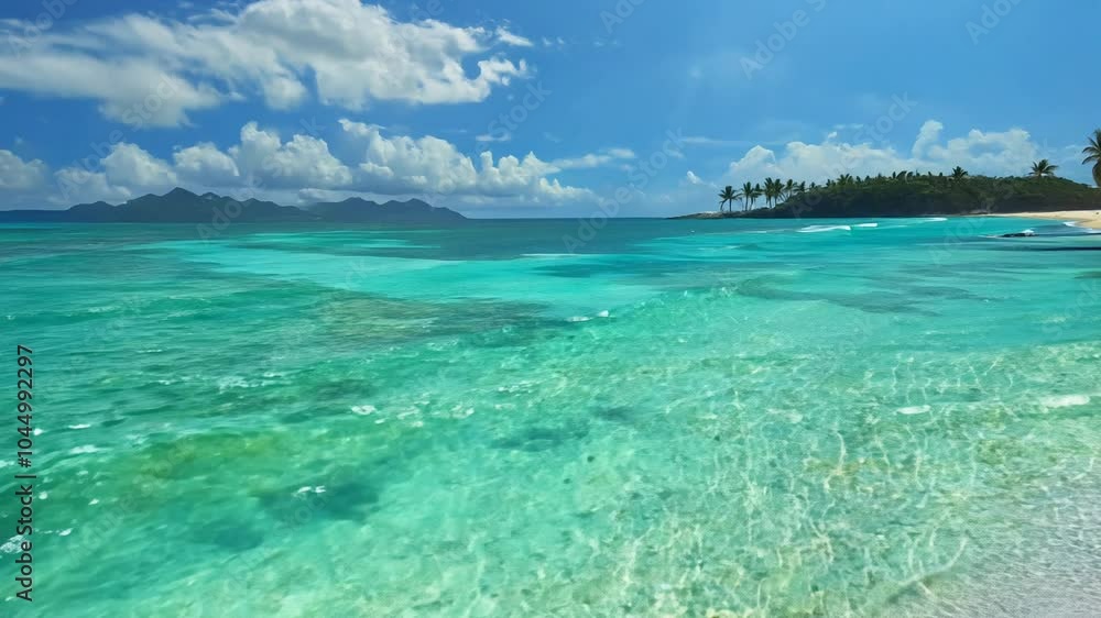 Static video of palm-lined beaches under bright daylight. tall palms frame a tropical scene with crystal clear water revealing colorful fish among offshore coral Static video of palm-lined beaches under bright daylight. tall palms frame a tropical scene with crystal clear water revealing colorful fish among offshore coral