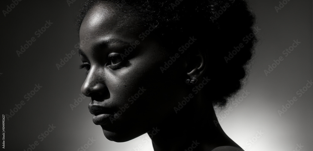 Black and white silhouette portraits of an African American woman showcasing beauty and emotion Black and white silhouette portraits of an African American woman showcasing beauty and emotion
