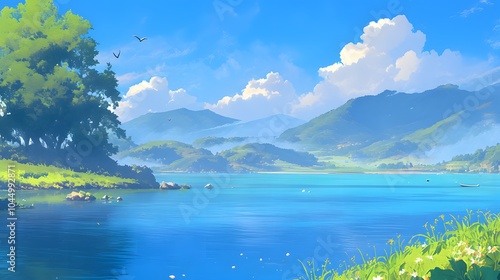 A Serene Lake View with Lush Greenery and a Blue Sky