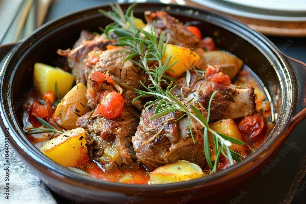 A dish of lamb kleftiko, slow-cooked lamb with potatoes, tomatoes, and herbs, garnished with fresh rosemary A dish of lamb kleftiko, slow-cooked lamb with potatoes, tomatoes, and herbs, garnished with fresh rosemary