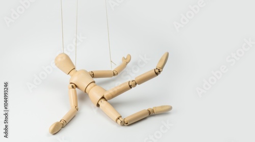 A wooden puppet with its strings cut, lying limp on a white surface, symbolizing complete absence.