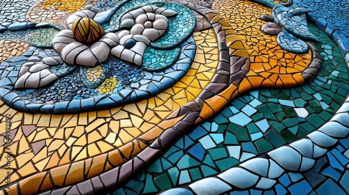 Colorful Mosaic Design in Park Guell, Barcelona