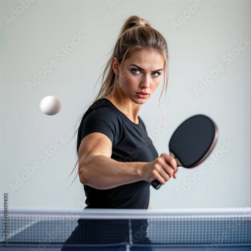 Woman with tennis racket in sport suit isolated.