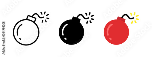 Bomb icon. Boom symbol. Explosion sign. Bomb detonation vector illustration. Explosive red bomb ball cartoon pictogram. Attack and destruction concept. Flat game bomb fuse silhouette.