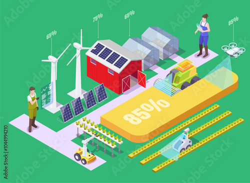 Smart farm with solar panel renewable energy sources, wireless digital control and iot technology equipment isometric vector illustration