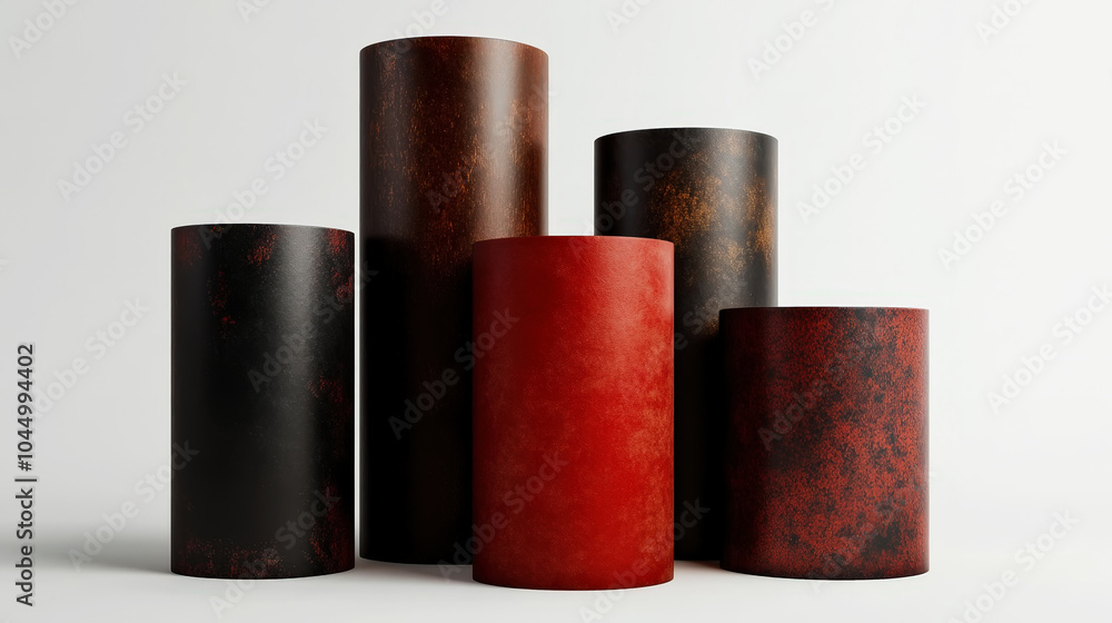 Cylinders podiums of red, brown and black colours, clean background. Industrial or product template. Generative AI Cylinders podiums of red, brown and black colours, clean background. Industrial or product template. Generative AI