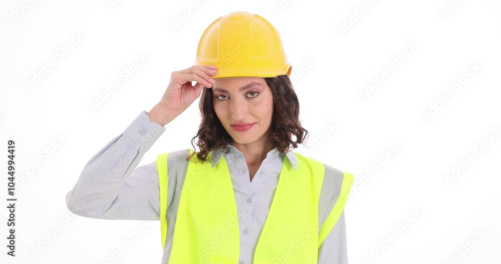 Smiling woman engineer in safety vest removes hardhat after work on white background. Confident young brunette female worker with pleasant smile Smiling woman engineer in safety vest removes hardhat after work on white background. Confident young brunette female worker with pleasant smile