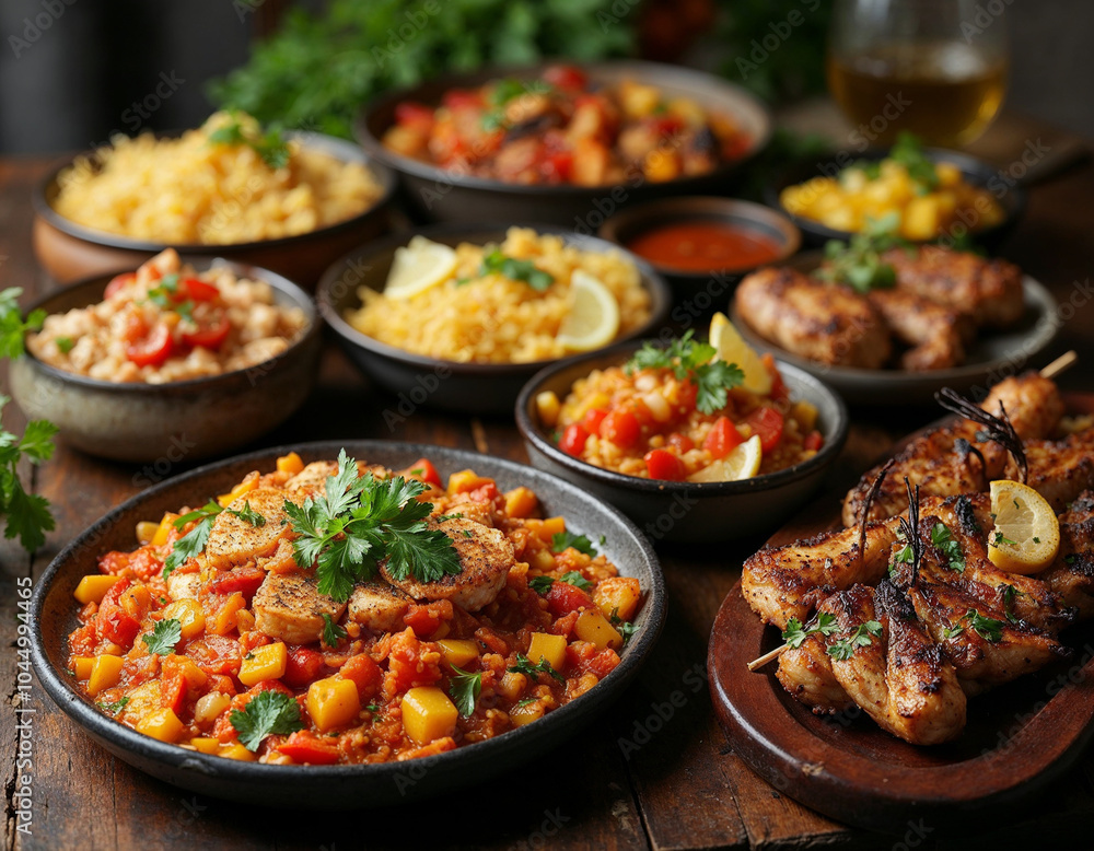 Delicious Mediterranean Feast with Grilled Chicken and Vegetables Delicious Mediterranean Feast with Grilled Chicken and Vegetables