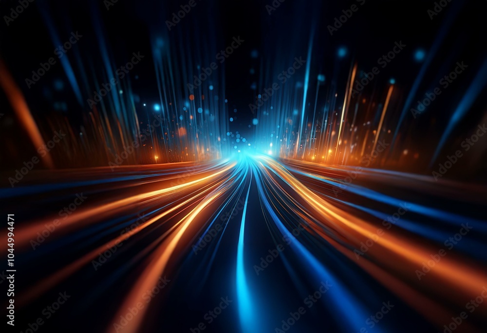 Obraz premium A dark background with blue and orange streaks of light that converge into a tunnel.