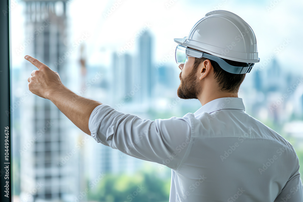 Engineer overseeing construction progress in urban landscape a vision for the future Engineer overseeing construction progress in urban landscape a vision for the future