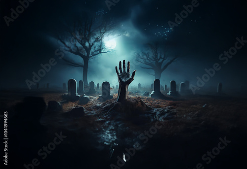 A single hand emerges from the soil in a moonlit graveyard.