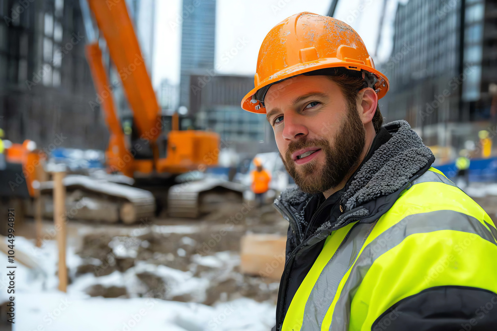 Focused construction worker in safety gear on a snowy job site amid urban development Focused construction worker in safety gear on a snowy job site amid urban development