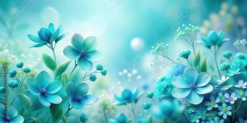 Fototapeta Naklejka Na Ścianę i Meble -  Soft watercolor painting of teal blue floral elements with light green and small blue flowers on a white background Macro