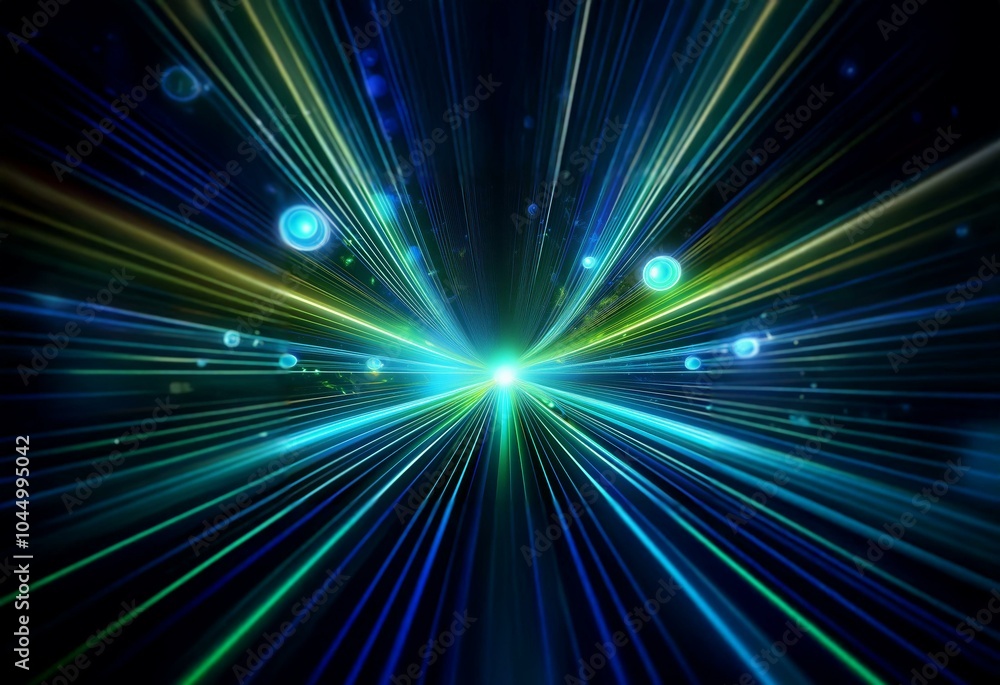 A vibrant abstract composition featuring glowing lines of blue, green, and yellow radiating outwards from a central point. A vibrant abstract composition featuring glowing lines of blue, green, and yellow radiating outwards from a central point.