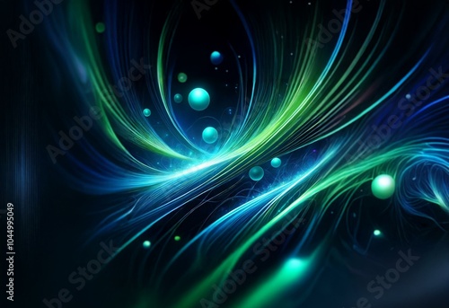 Abstract background with curved blue and green lines and glowing spheres.
