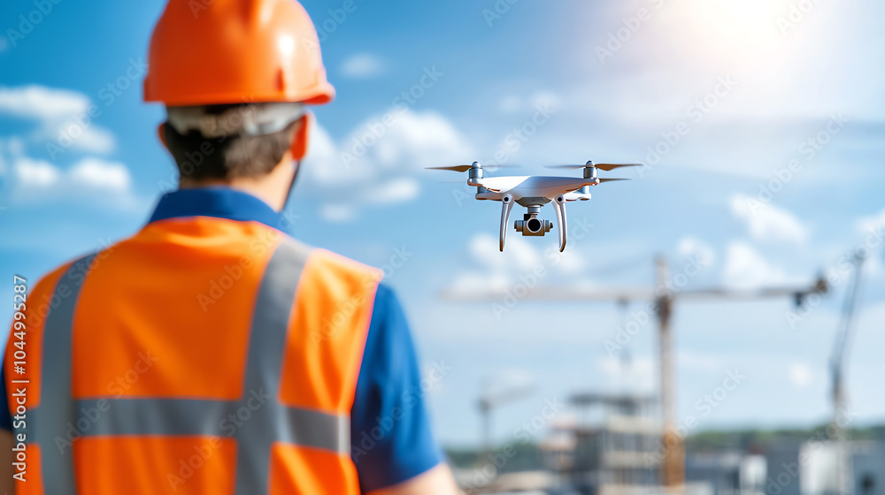 A construction worker using a drone for site monitoring and inspection in an urban environment A construction worker using a drone for site monitoring and inspection in an urban environment
